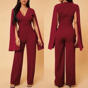 Glam slit cloak sleeve cape statement jumpsuit v neck burgundy red maroon